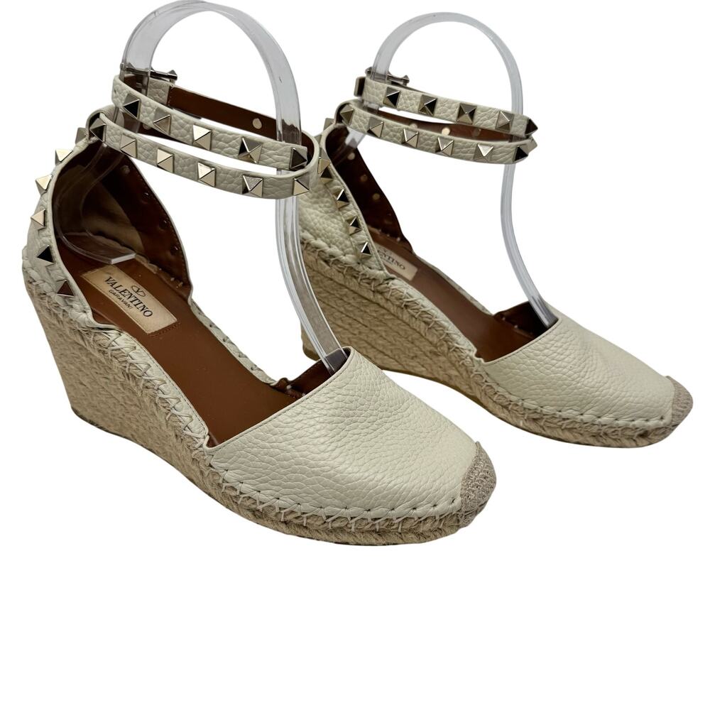 Valentino Garavani Rockstud Espadrille Wedge Sandal Ivory Leather Ankle Strap 36